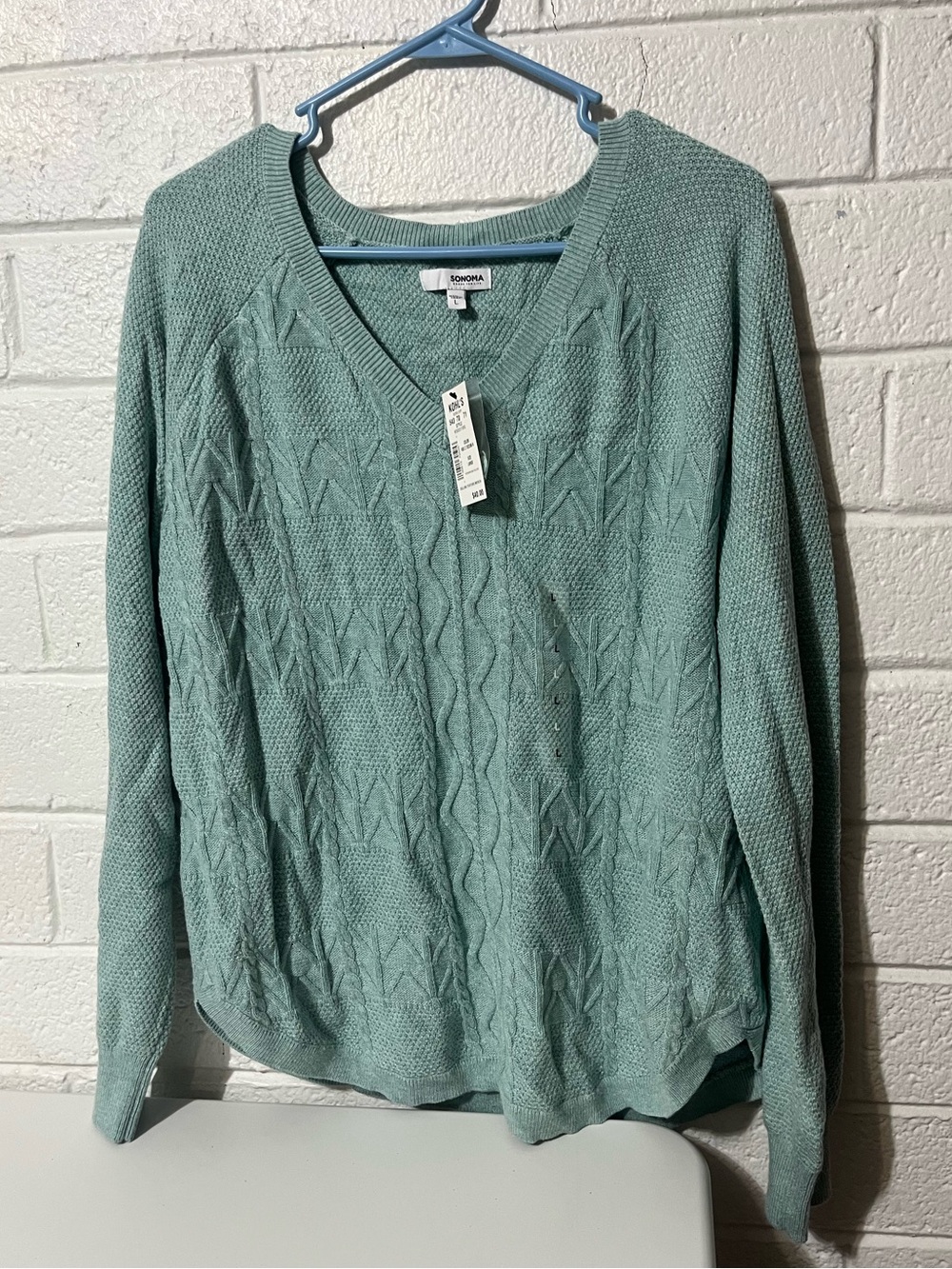 SONOMA V-Neck Cable Knit Sweater - Seafoam Ocean Teal Textured Pattern Soft Knit